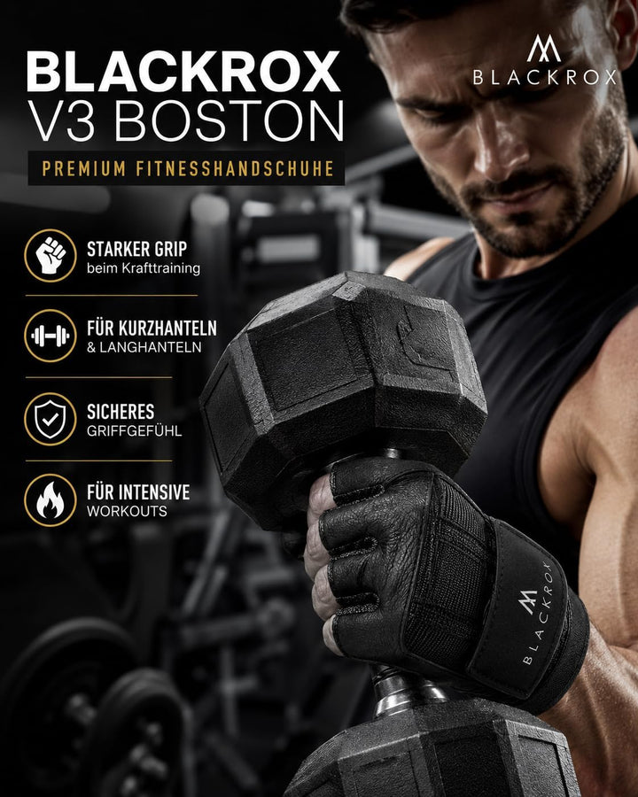 BLACKROX Fitnesshandschuhe echtes Leder Herren &amp; Damen V3 Boston Kraftsport Handgelenkschutz Trainin