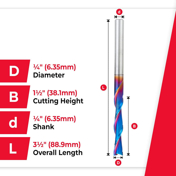 Amana Tool 46502-K Vollhartmetall-Spiral-Tauchfräsen-Bit, Down-Cut, 1/4 Durchmesser x 1-1/2 x 1/4 Zo