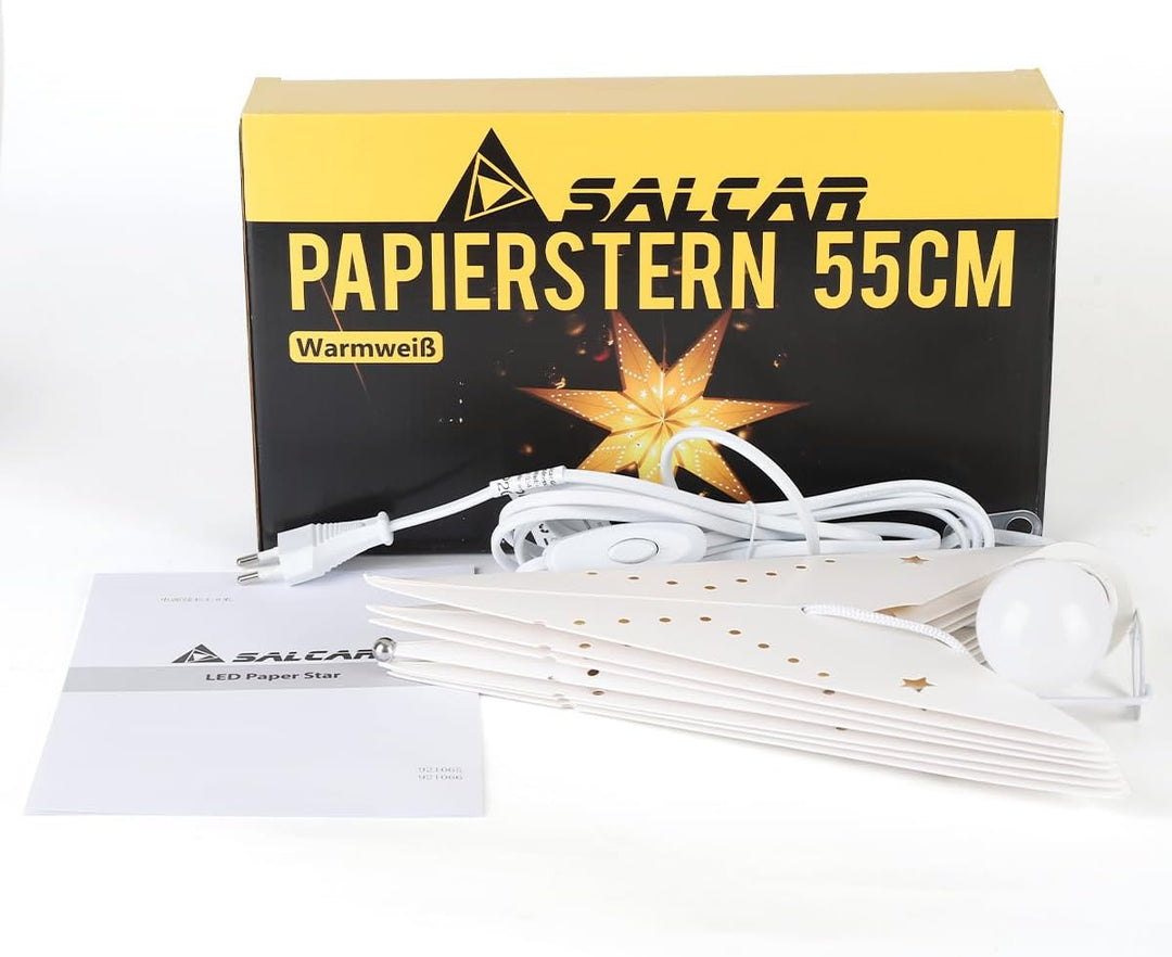 SALCAR 55cm LED Papierstern Beleuchtet zum Aufhängen, Advents Leuchtstern Fenster mit Warmweiss E14