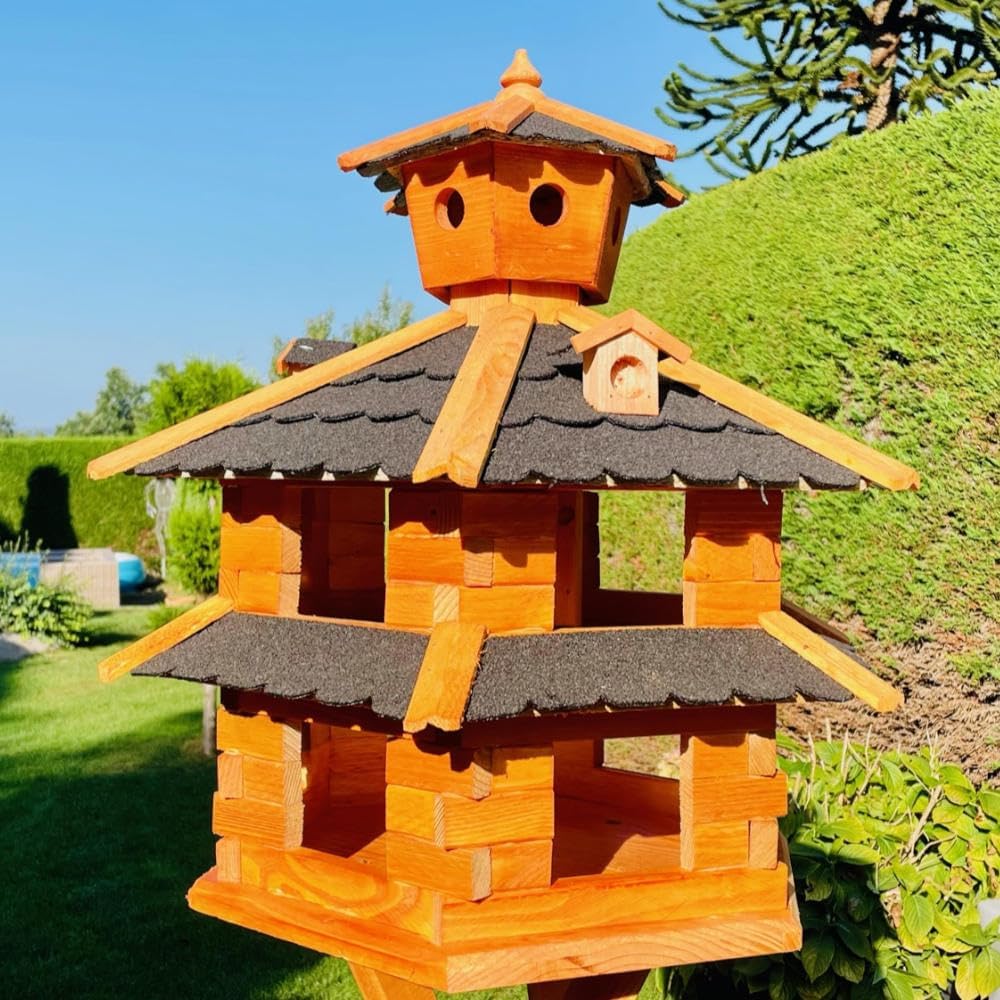 DARLUX Vogelvilla wetterfest von L bis XXL Futterhaus Vogelhaus mit oder ohne Ständer in Braun mit R