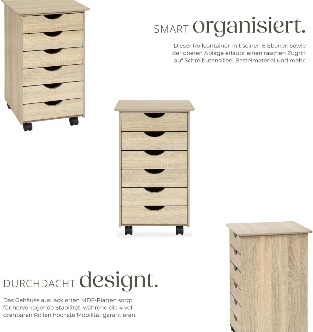 TecTake 800055 Rollcontainer mit Rollen und 6 Schubladen - diverse Farben - (Holz hell, Eiche Sonoma