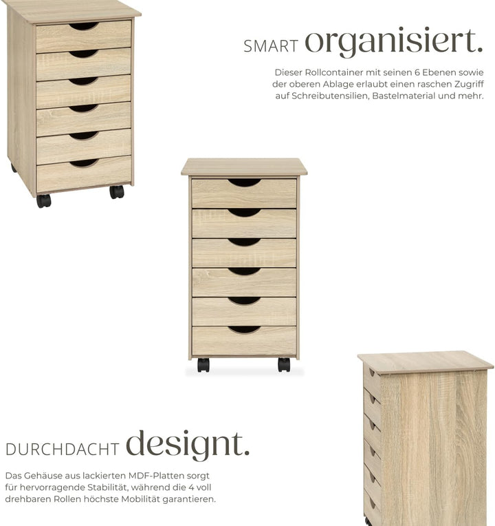 TecTake 800055 Rollcontainer mit Rollen und 6 Schubladen - diverse Farben - (Holz hell, Eiche Sonoma