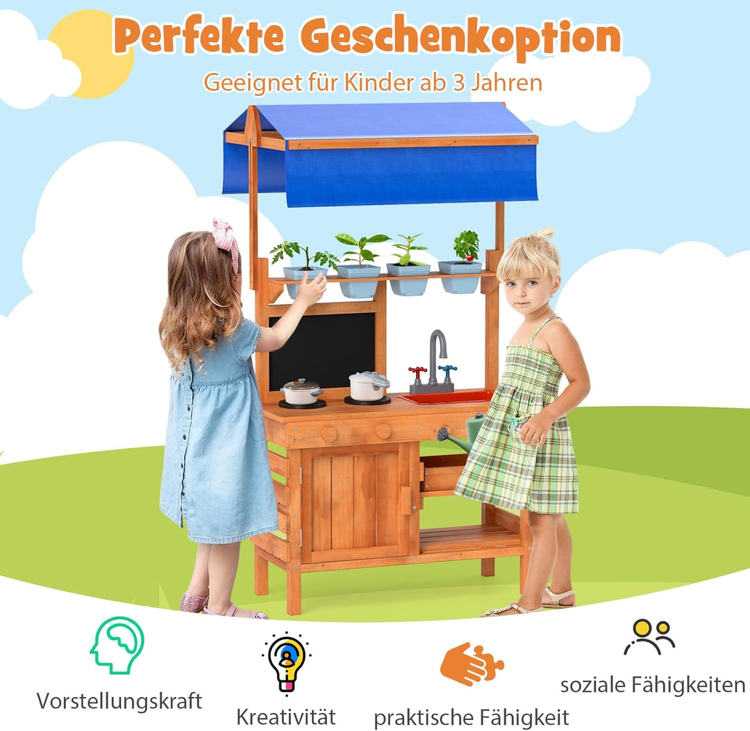 COSTWAY Matschküche Kinder Outdoor, Kinderküche Holz mit Sonnendach & Tafel & Pflanzbechern & Schauf