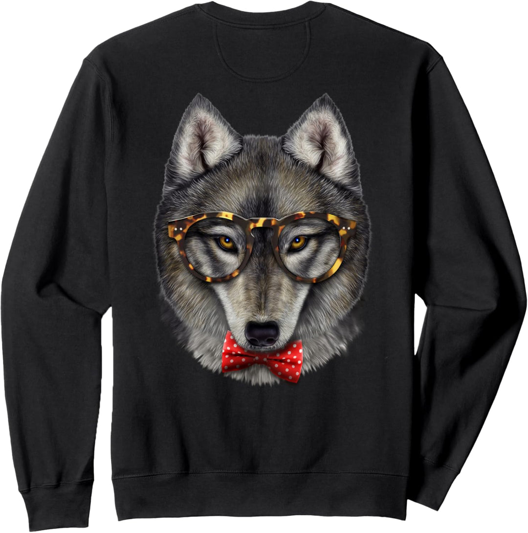 Grauer Wolf, die klassische Brille und Fliege trägt Sweatshirt