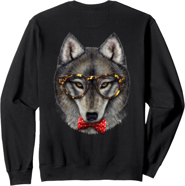 Grauer Wolf, die klassische Brille und Fliege trägt Sweatshirt
