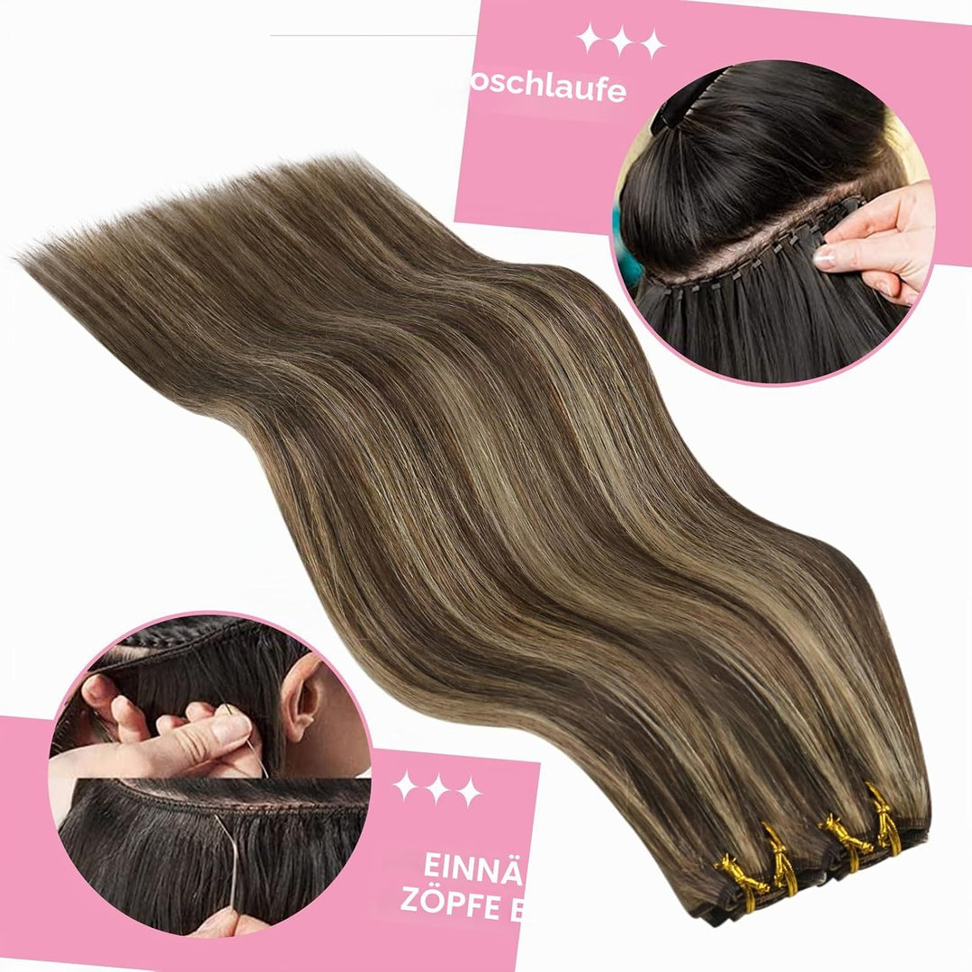 YoungSee Echthaar Tressen Dunkelbraun Tressen Extensions Echthaar Braun Blond Tressen Echthaar 40cm
