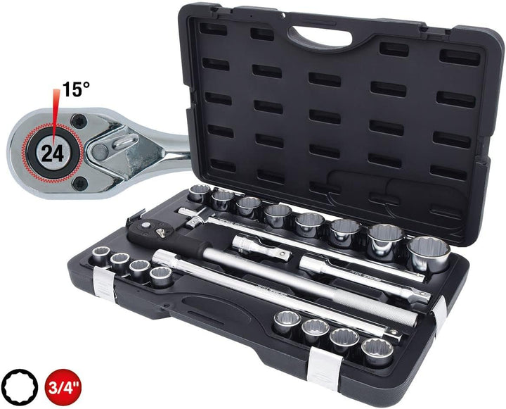 KS Tools 911.0722 3/4 Zoll 12-Kant Steckschlüssel Satz | inklusive Umschaltknarre, 24-Zahn | matt sa