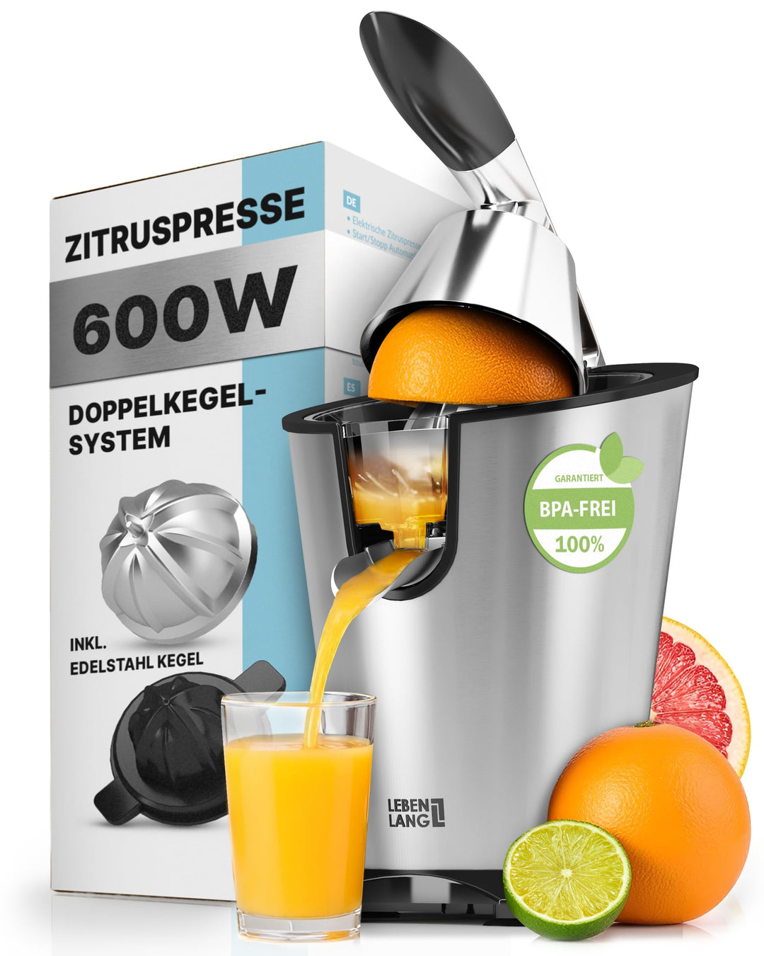 LEBENLANG Saftpresse elektrisch hohe Saftausbeute – 600W – Orangenpresse elektrische Zitruspresse, Z