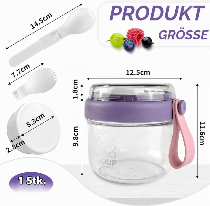 Müsli To Go Becher, Porridge Becher, Jmüsli Cup mit Dip-Box und Löffel, 650 ml Joghurtbecher To Go K