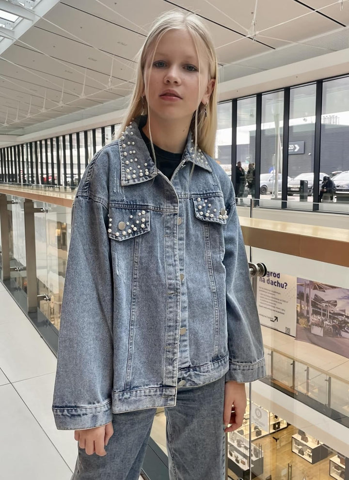 Rolanko Jeansjacke für Mädchen, Basic Trucker Jacke aus Denim Outwear Button Down Jeans Hemden 6-7 J