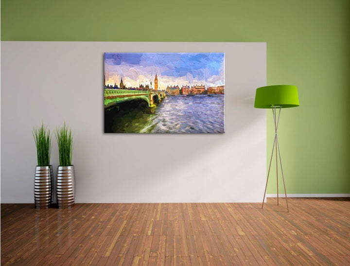 Pixxprint Big Ben mit Brücke in London Pinsel Effekt, Format: 100x70 auf Leinwand, XXL riesige Bilde