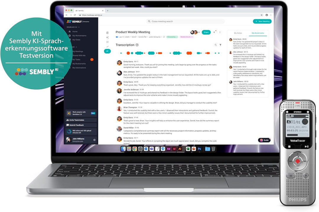 Philips DVT2015 VoiceTracer, Diktiergerät, Aufnahmegerät, MP3, HiFi Stereo, inkl. Sembly AI-Testlize