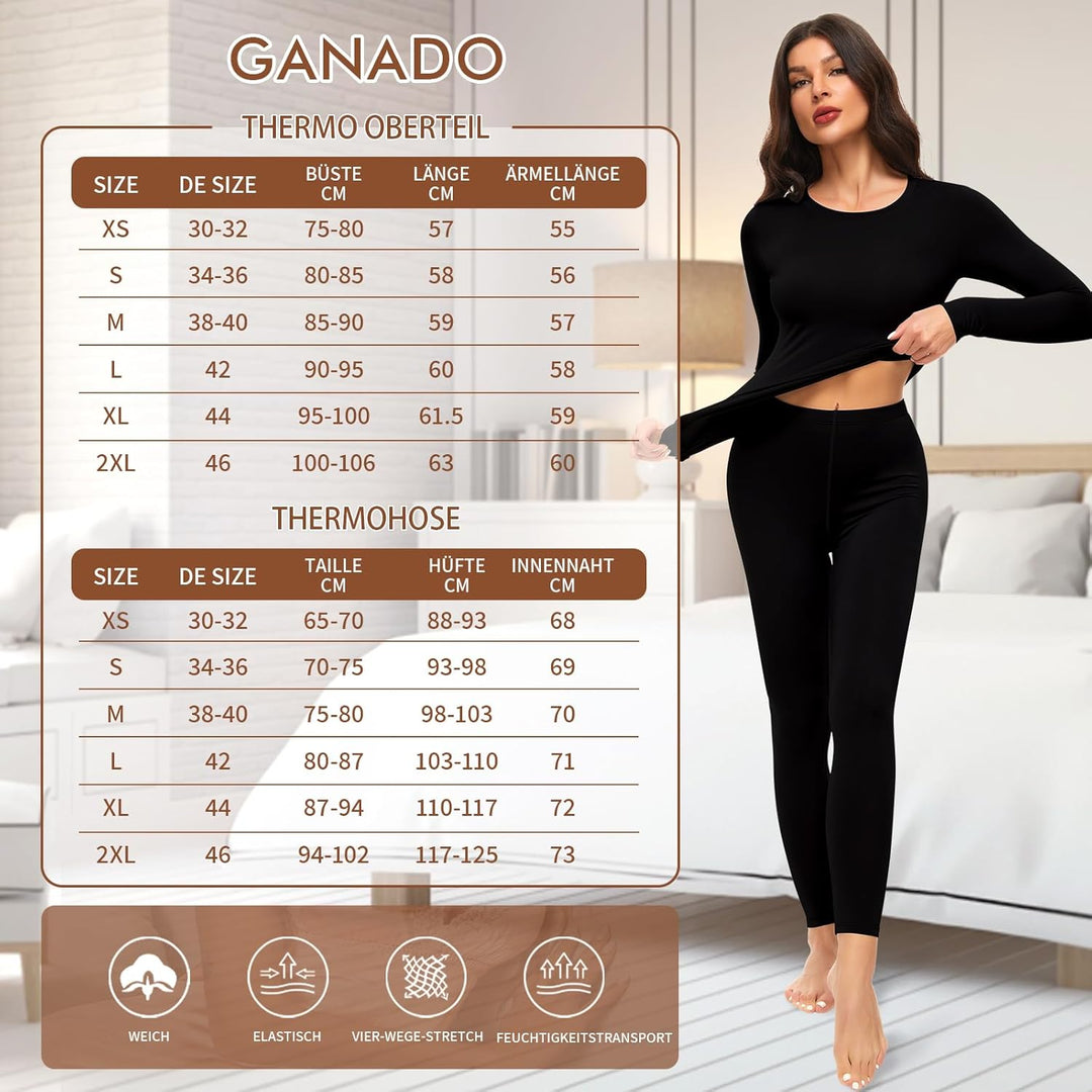 Ganado Thermounterwäsche Set Damen Innenfleece Thermowäsche Thermo Oberteil und Thermohose Leggings