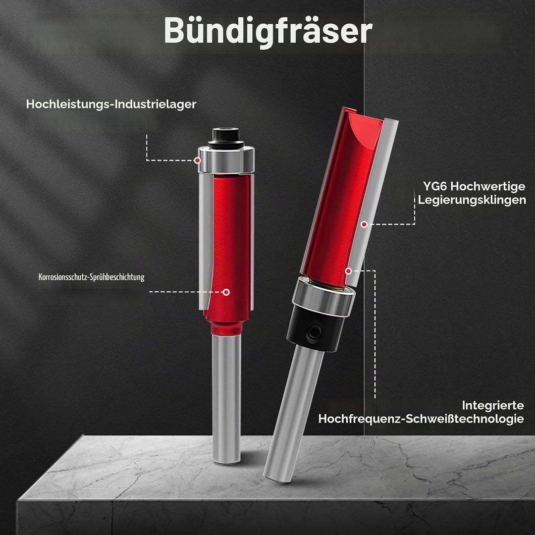10 Stück Bündigfräser 8mm mit 2 Schlagmagnetbits, 8mm Schaft Bündigfräser, 6 Lager, 2 Schraubenschlü