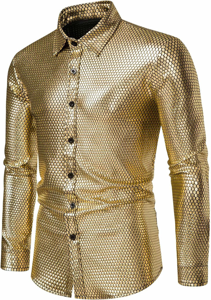 Herren Kleid Hemd Rhombus Bronzing Print Langarm Button Down Shirts 70er Jahre Disco Party Kostüm, G