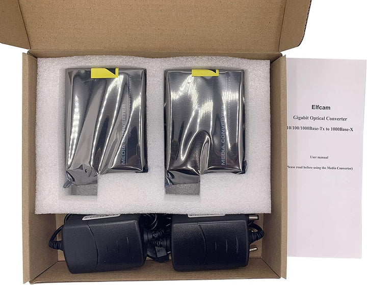 Elfcam® - 2 Stück Gigabit Ethernet LWL Medienkonverter Glasfaser 10/100/1000 Mbps inklusive Mini-GBI