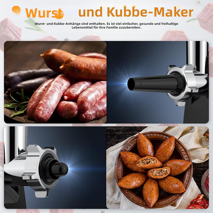 Elektrischer Fleischwolf 2800W[Max], Edelstahl Fleischmühle mit 2 Klingen, 3 Lochscheiben, Wurstfüll