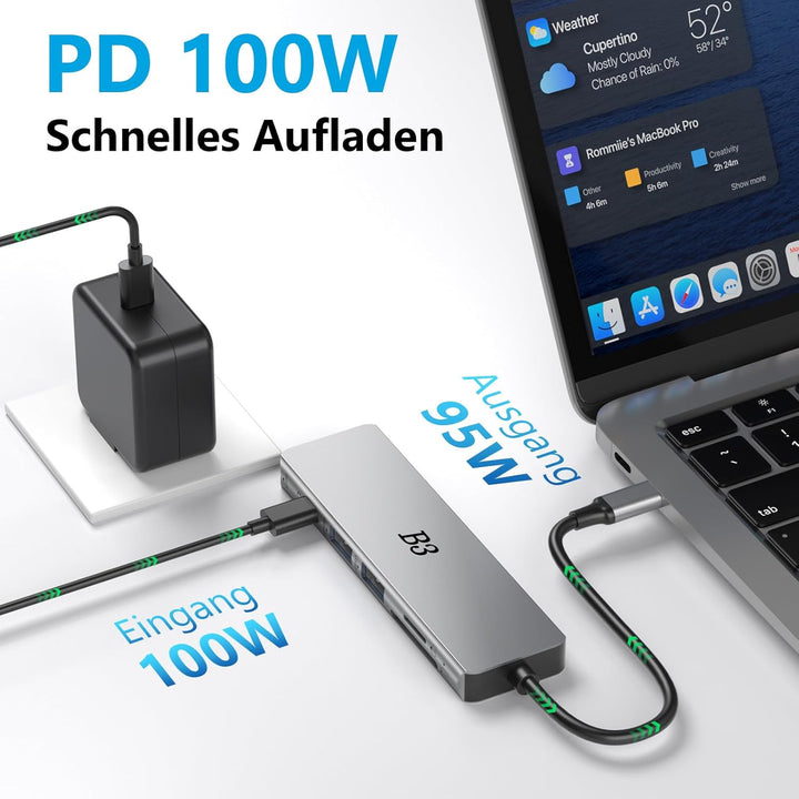 USB C Hub 6-in-1 Multiport-Adapter mit 4K@60Hz HDMI, 100W PD, 2 USB-A-Datenports, SD/TF-Kartenleser
