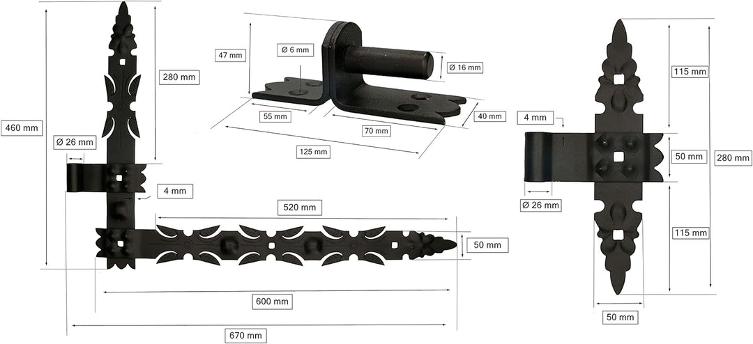 KOTARBAU® Winkelband Geschmiedet 600x460 mm Satz 2x Scharnier + Kloben und Mittelband Komplet Satz f