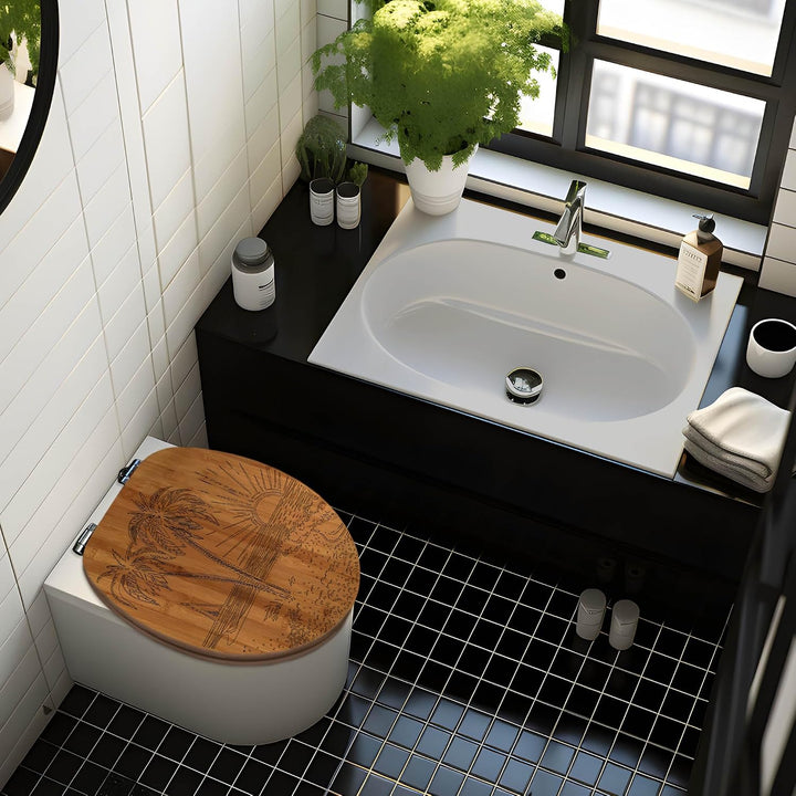 banjado® Hochwertig gravierter Design WC Sitz Bambus Absenkautomatik Palmenstrand/Toilettendeckel mi