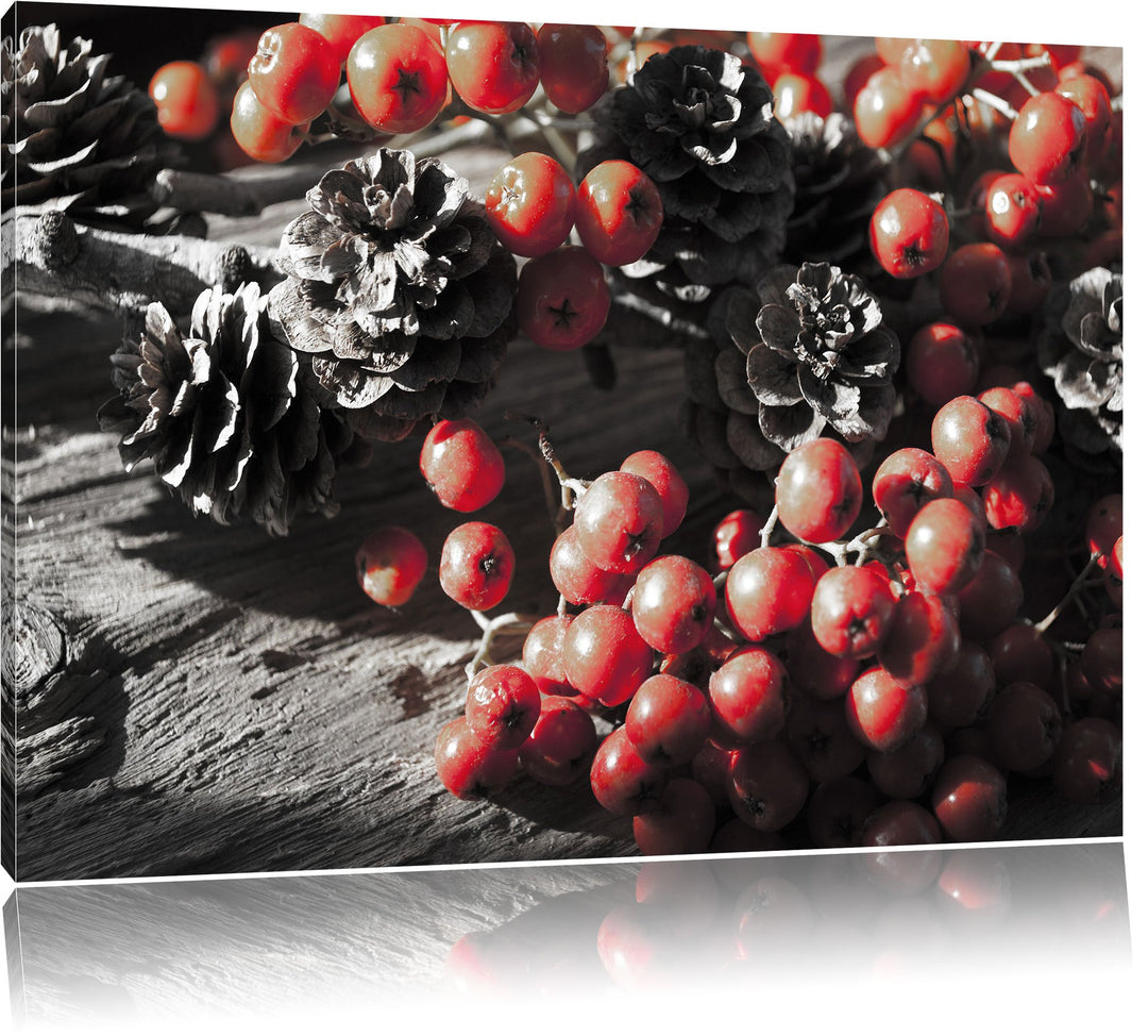 Pixxprint Vogelbeeren und Tannenzapfen als Leinwandbild/Grösse: 100x70 cm/Wandbild/Kunstdruck/fertig