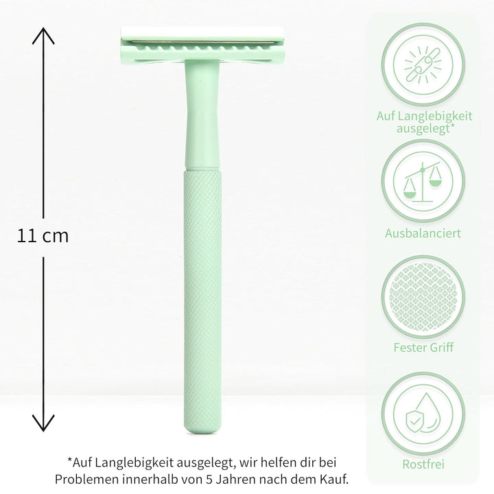 Bambaw Metall Rasierer Plastikfrei Mint-grün | Metall Rasierer Nachhaltig mit 5 Rasierklingen Rasier