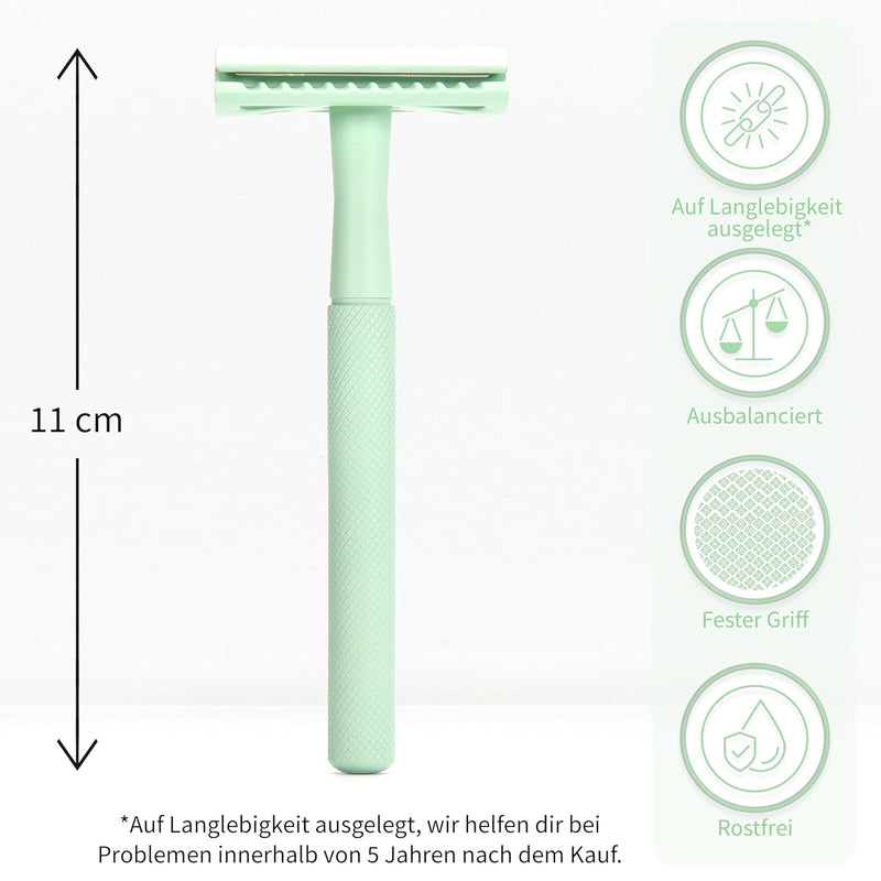Bambaw Metall Rasierer Plastikfrei Mint-grün | Metall Rasierer Nachhaltig mit 5 Rasierklingen Rasier
