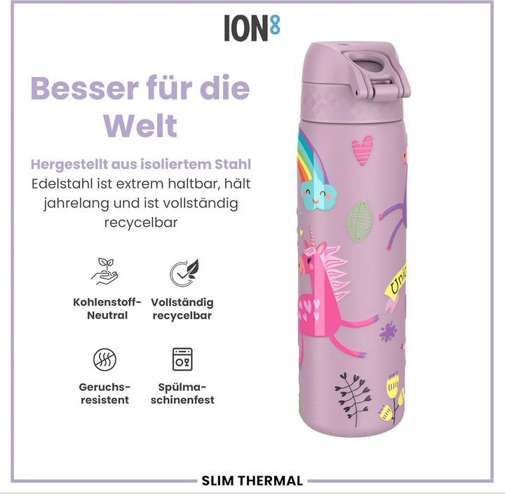 ion8 Vakuumisolierte Edelstahl-Trinkflasche, 500 ml, Auslaufsicher, Einhandöffnung, Sichere Verriege