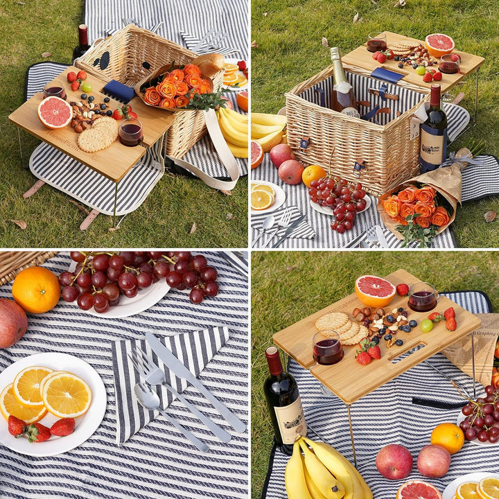 Weidenkorb Picknickkorb für 2 Personen Picknickset, Weidenkorb Service Geschenkset mit Bambus Weinti