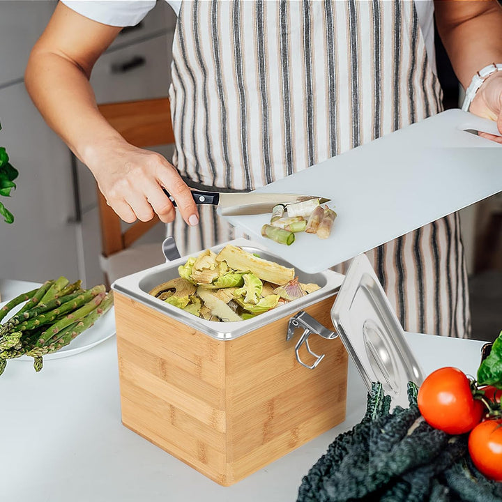 Komposteimer Küchen-Arbeitsplatte, Hölzerner Küchenkompostbehälter, Bio-Mülleimer, Edelstahlbehälter