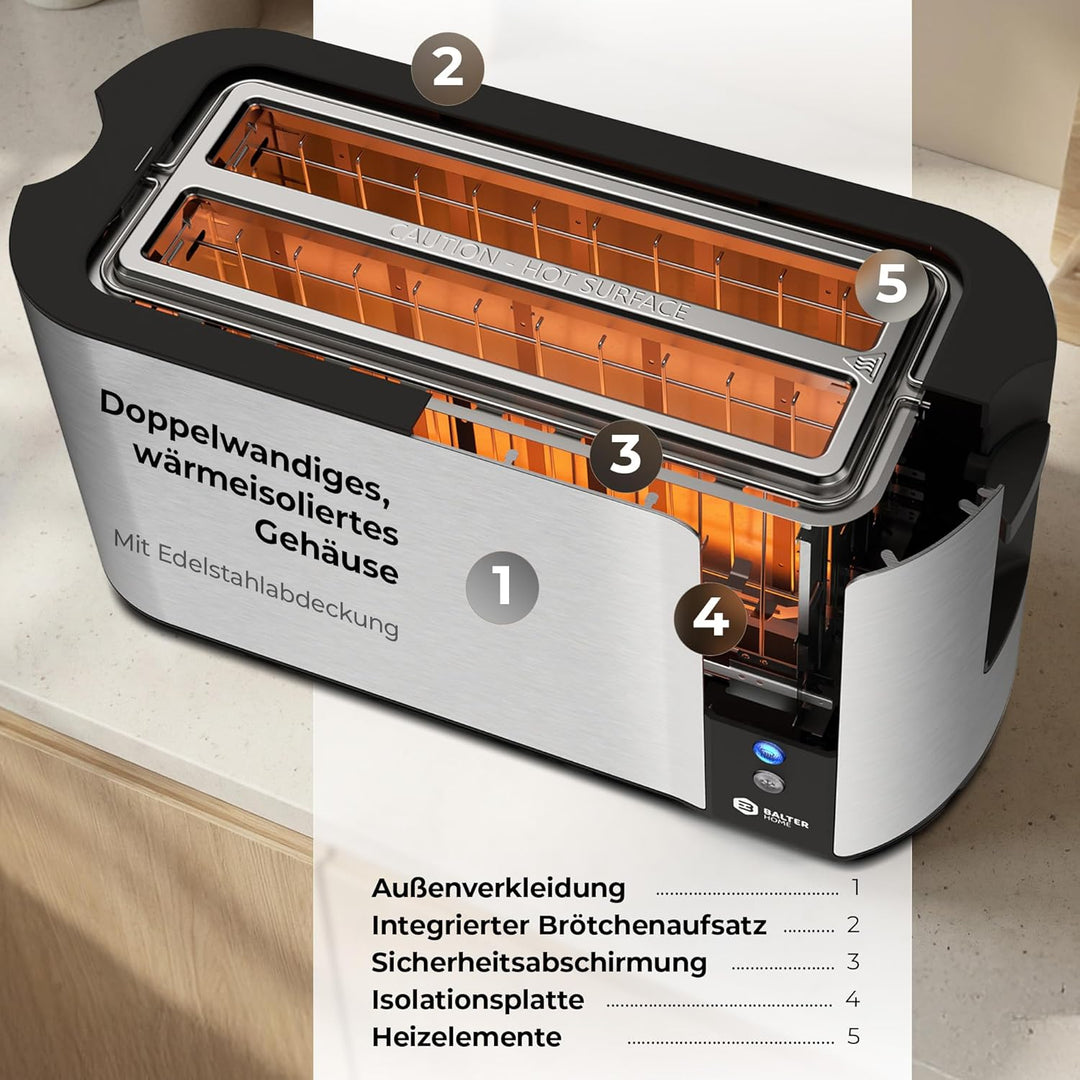 Balter Toaster 4 Scheiben, Langschlitz, Edelstahl, Brötchenaufsatz, LCD Display mit Restzeitanzeige,