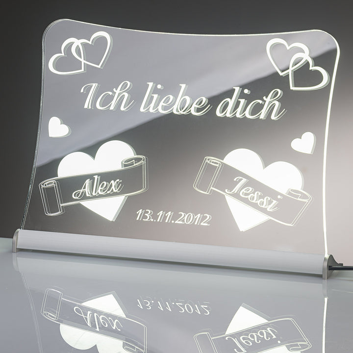 LED Acrylglas Schild"Ich liebe dich", 30x20 cm, mit persönlicher Laser Gravur (weiss), weiss
