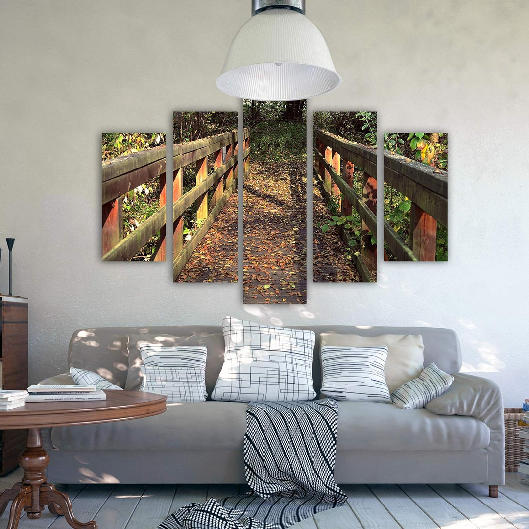 Feeby Wandbild XXL 5 Teilig Landschaft Leinwandbild Brücke Wald Natur bunt 300x140 cm Leinwandbild 3