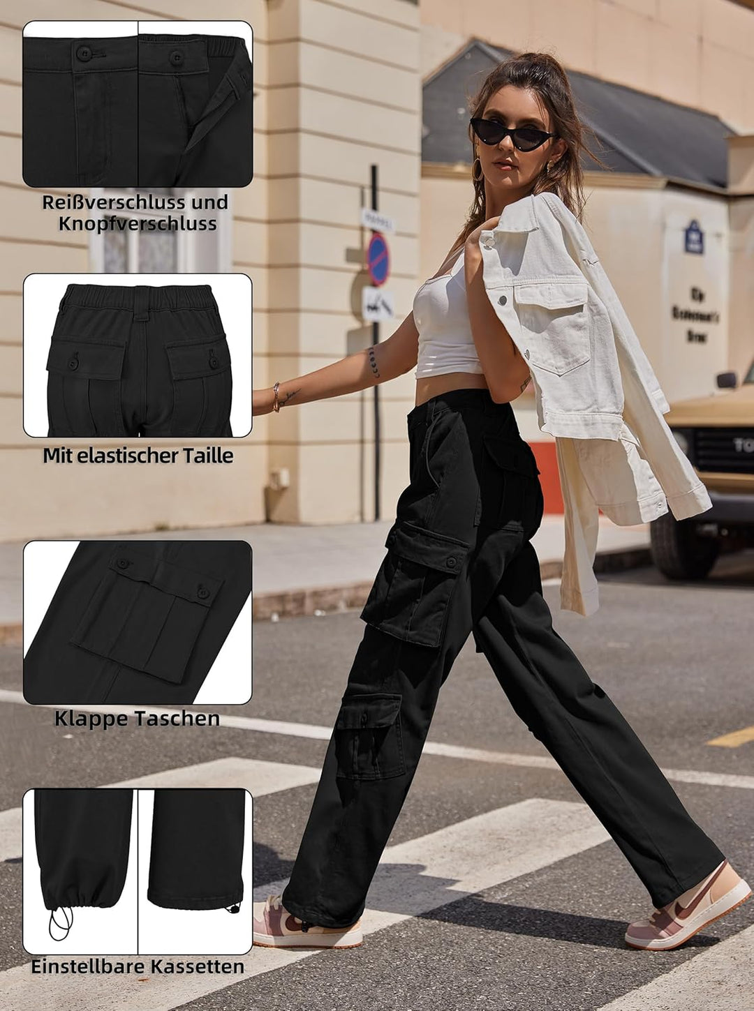 Cargohose Damen Baggy Y2K Multi Taschen High Waist Stretch Wanderhose Sport Jogginghose mit Elastisc