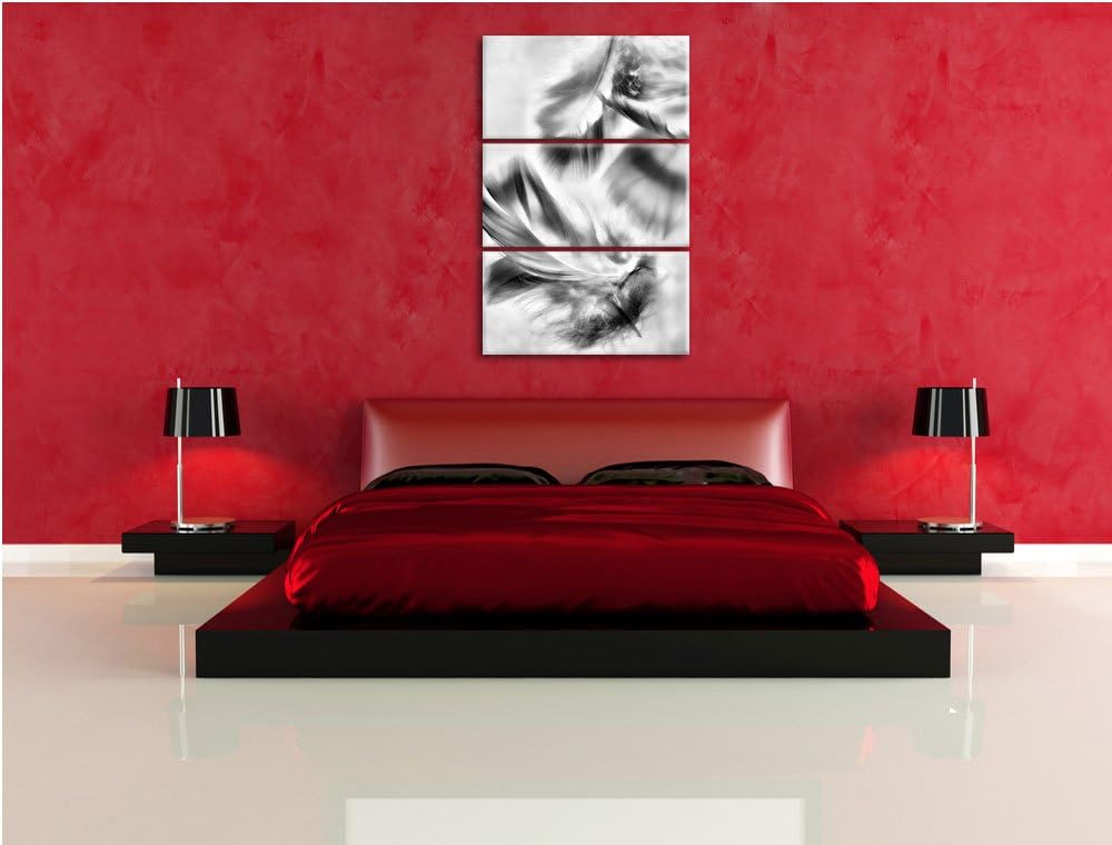 Pixxprint Weisse Feder auf schwarzem Stein als Leinwandbild/Grösse: 3 Teilig (120x80) cm/Wandbild/Ku