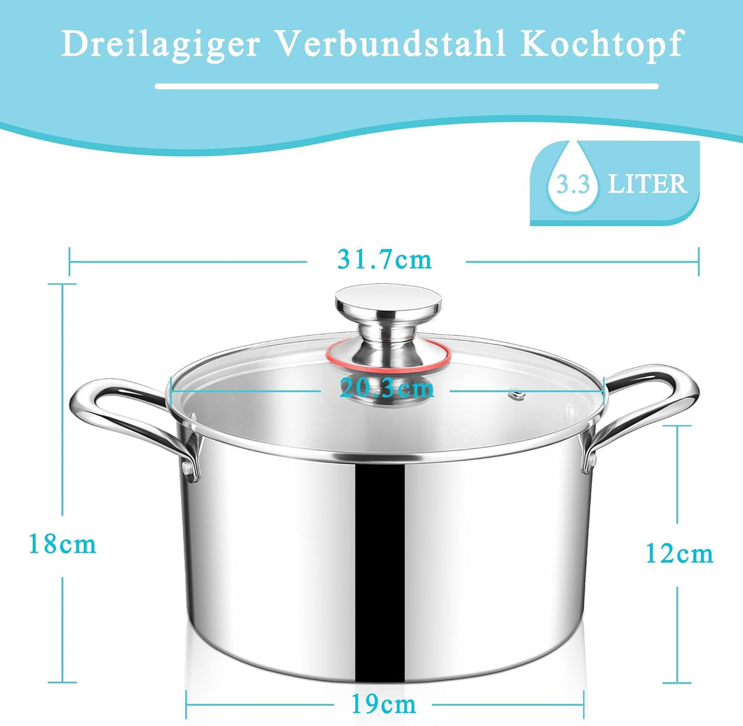 HaWare Kochtopf, 20cm Topf Induktion aus 3-Lagen Edeastahl, 3,3L Kochtöpfe Nudeltopf mit Glasdeckel