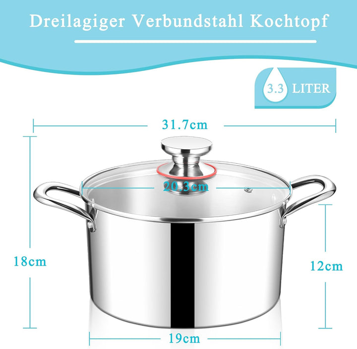 HaWare Kochtopf, 20cm Topf Induktion aus 3-Lagen Edeastahl, 3,3L Kochtöpfe Nudeltopf mit Glasdeckel