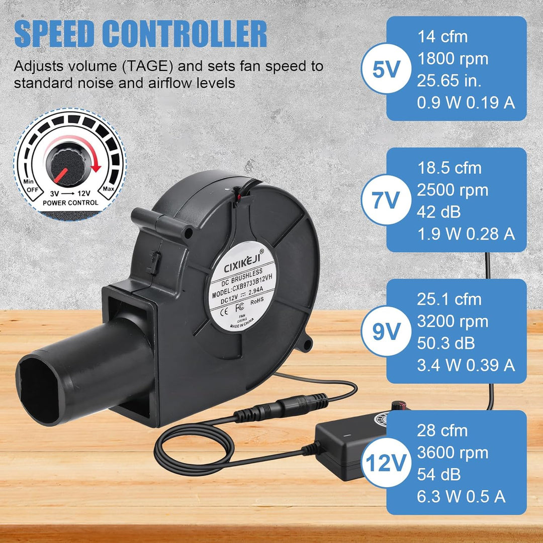Gebläse Lüfter 12V, Turbinengebläse mit Drehzahlregler und Luftauslass, Radiallüfter 12V Regelbar, T