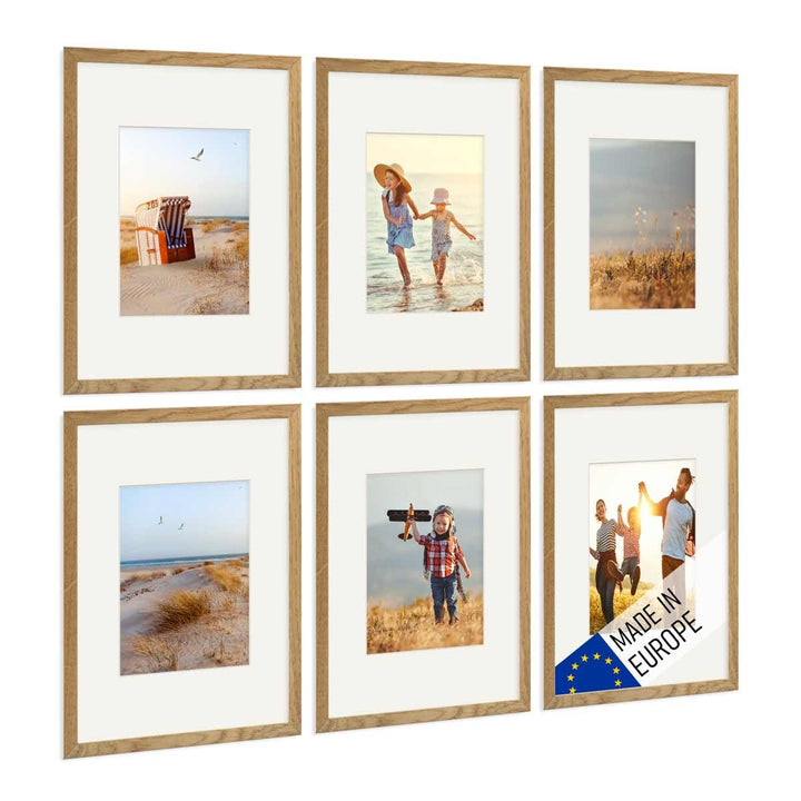 PHOTOLINI 6er Set Holzrahmen Eiche 21x30 cm/DIN A4 mit Passepartout 13x18 cm Massivholz mit Acrylgla