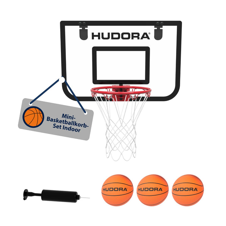 HUDORA Mini-Basketballkorb-Set Indoor – Set mit 3 Bällen und Ballpumpe – Basketballkorb fürs Zimmer/