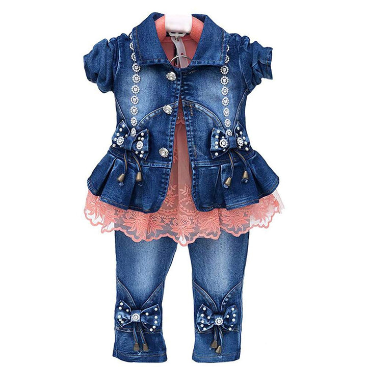 Peacolate 6M-4Jahre Baby Mädchen Kleidungsset 3 Stück Rock mit Spitze Jeans und Jeansjacke im Button