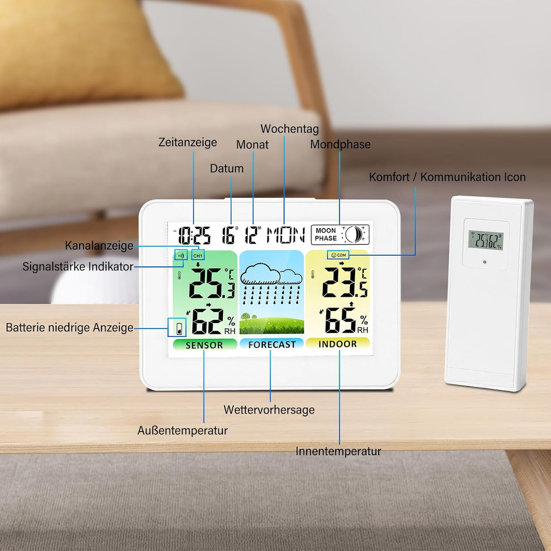 Wetterstation Funk mit Aussensensor, Wetterstationen Innen und Aussentemperatur Funk mit Wettervorhe