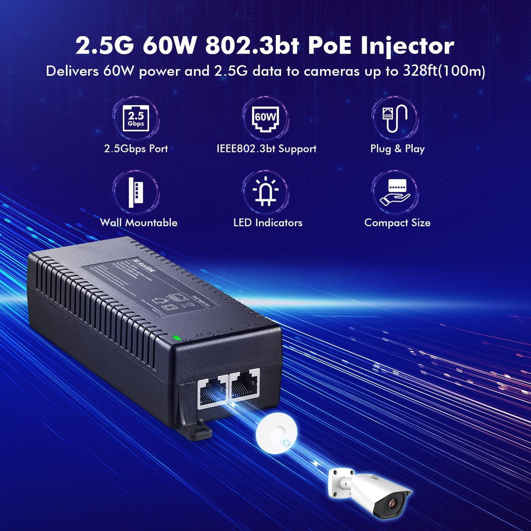 MokerLink 2.5 Gigabit PoE Injector, 802.3af/at/bt 60W, 2.5G/1G/100M Ethernet, Plug & Play, Nicht-PoE