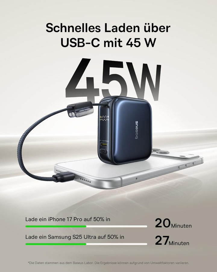 Baseus AC22 Mini Powerbank 10000 mAh, 45 W PD Power Bank Small with Integrated USB-C Cable, External