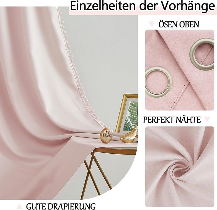 Treatmentex Blickdicht Vorhang mit Pompons Rosa Vorhang mit Ösen Landhausstil Wärmeisoliert Thermovo