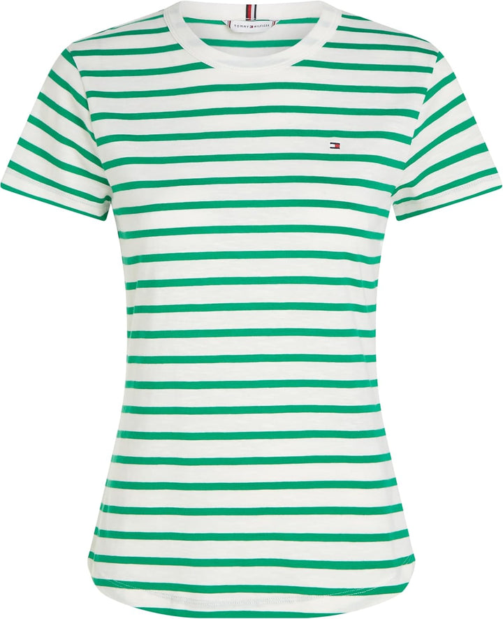 Tommy Hilfiger Damen T-Shirt Kurzarm 1985 Slub Slim Fit XL Grün (Breton Ecru/Olympic Green), XL Grün
