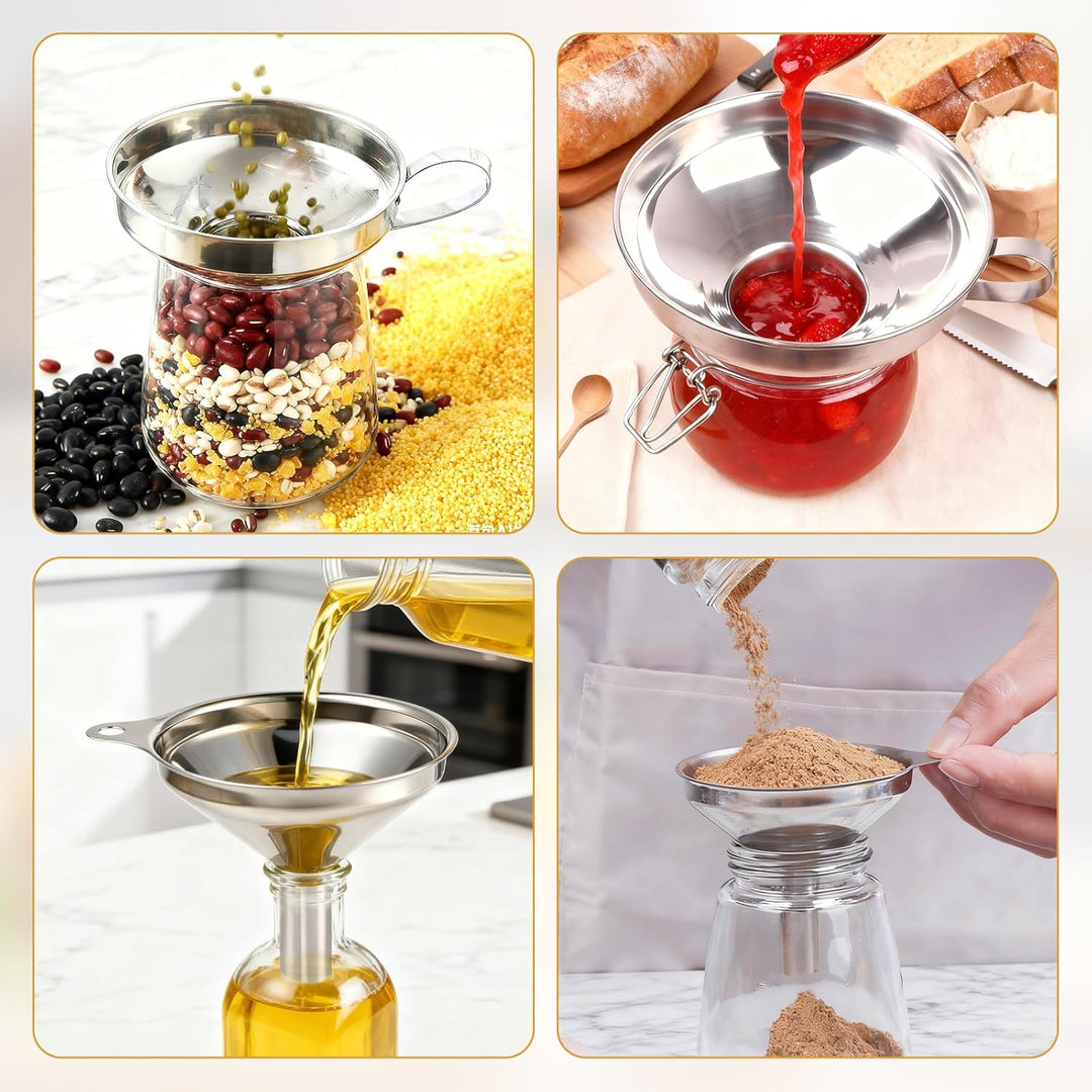 5 Stück Trichter Edelstahl set - Marmelade und Stapelbarer Kleiner Trichter mit 2 Stück Reinigungsbü