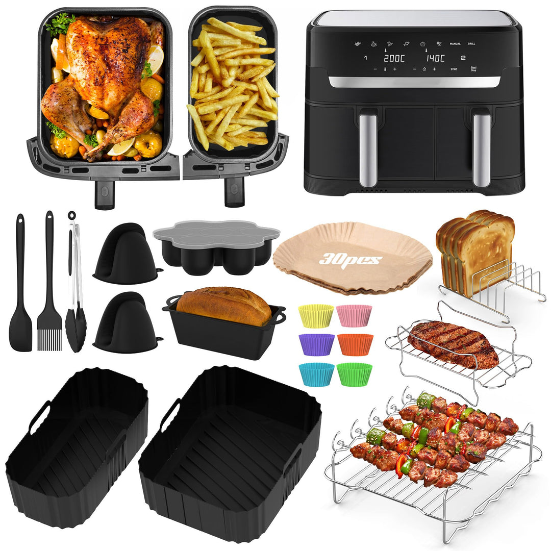 19 Stück Heissluftfritteuse Zubehör für Tefal EY9018 Dual Easy Fry 5,2/3,1 L, Airfryer Zubehör für T