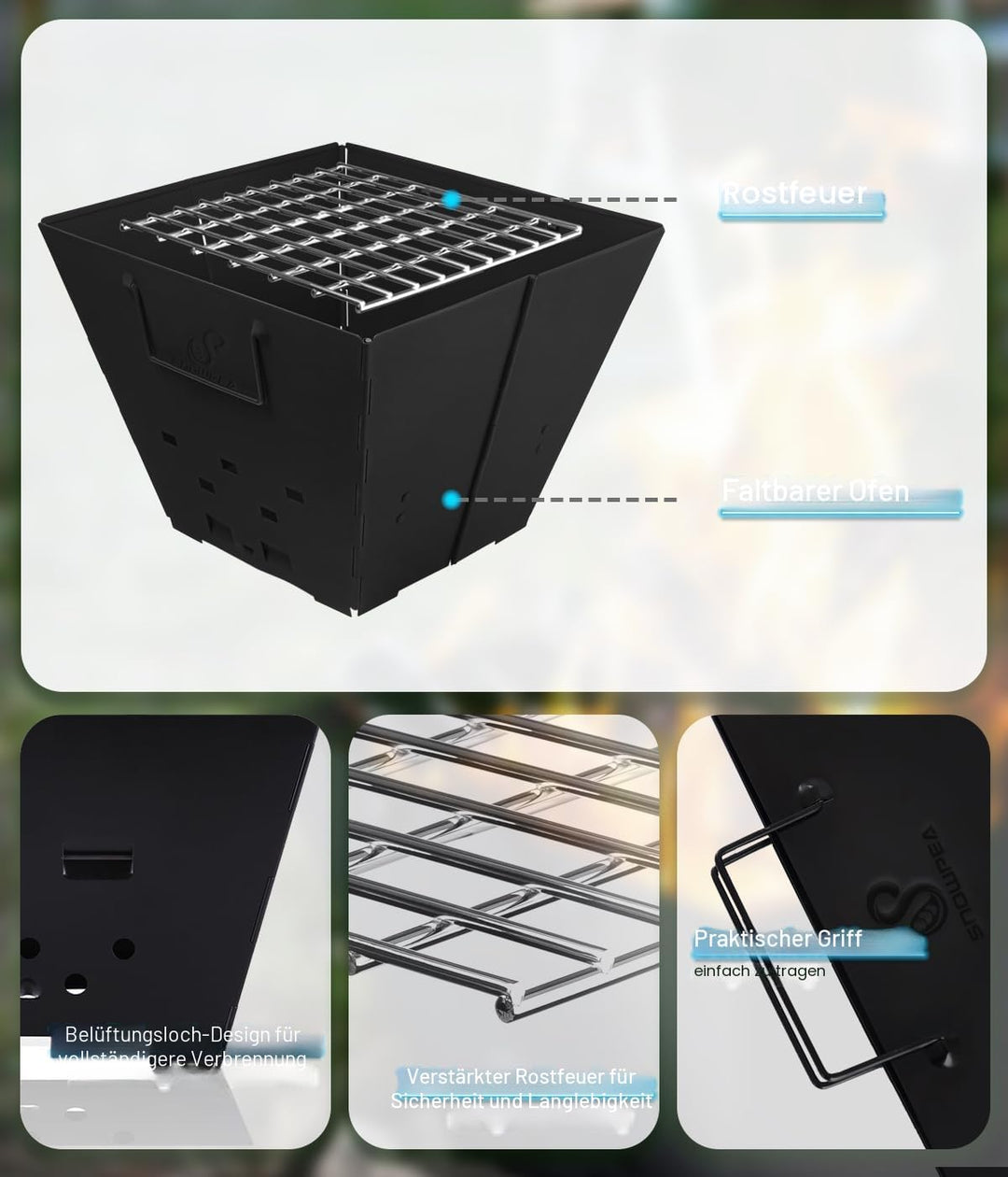 Snowpea - Tragbare Feuerstelle für Camping, Faltbare Outdoor-Feuerstelle, Outdoor-Feuerstelle mit Tr