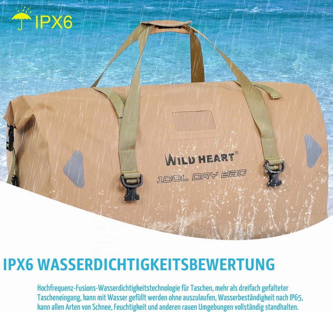 WILD HEART wasserdichte Reisetasche, 40 l 66 l, 100 l, mit verschweissten Nähten, Schultergurten, Ne